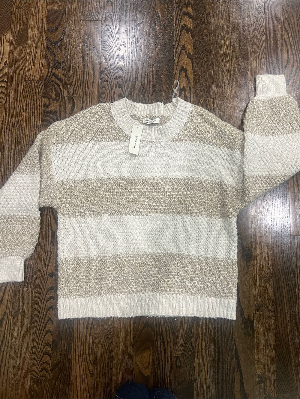 Francesca's Collections Cream and Beige Striped Crewneck Sweater